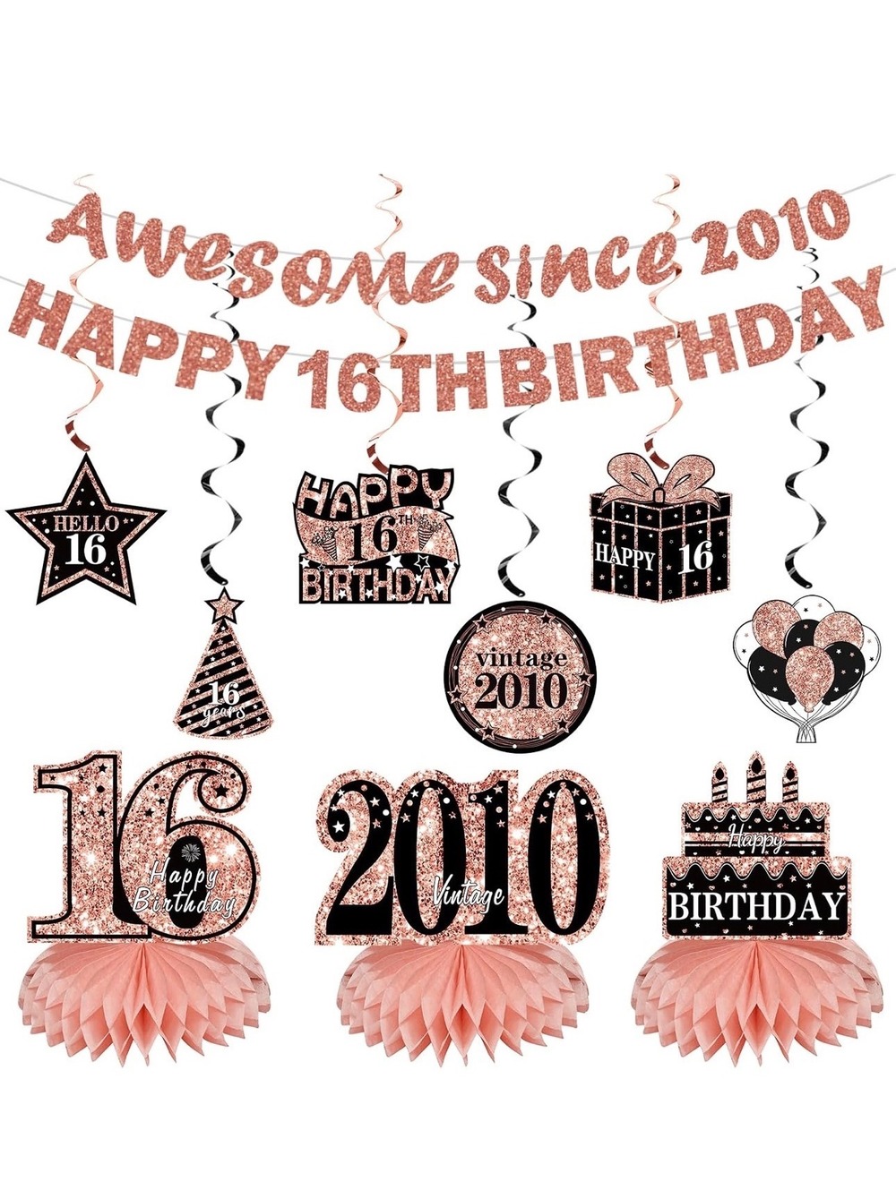 Kuxriox 16th Birthday Party Decoration Set - Rose Gold Glitter Banner and TableT